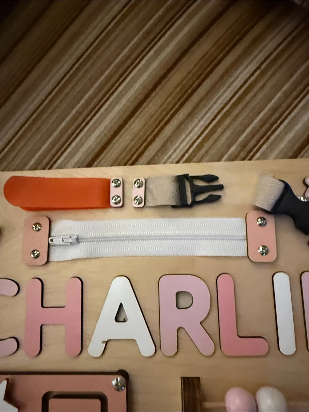 Wooden Activity Board for Girls- Personalized Pink and Natural for Charlie